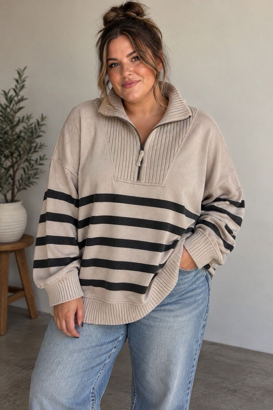 Maurices Striped Quarter Zip Pullover Sweatshirt Oatmeal Black XXL Nautical